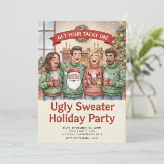 Cozy Ugly Sweater Holiday Party Hand Painted  招待状 (スタンド正面)