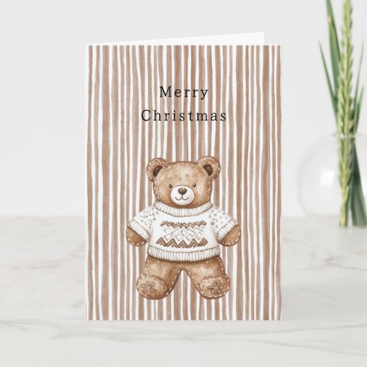 Cozy Warm Christmas Cute Happy Teddy Bear Stripes カード (正面)