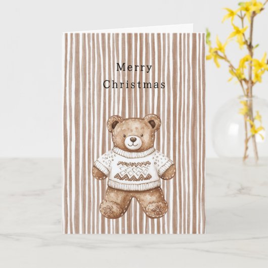 Cozy Warm Christmas Cute Happy Teddy Bear Stripes カード (黄色い花)