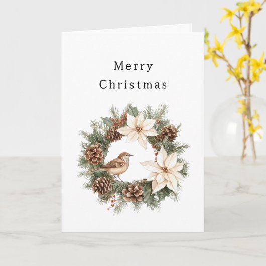 Cozy Warm Christmas Poinsettia Pine Cones Bird カード (黄色い花)