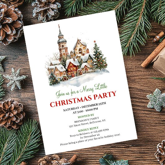 Cozy watercolor Christmas scene party invitation 招待状