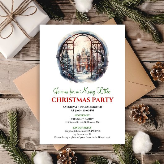 Cozy watercolor christmas scene party invitation 招待状