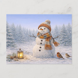 Cozy Watercolor Winter Snowman with Birds シーズンポストカード
