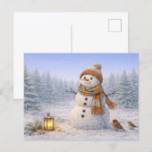 Cozy Watercolor Winter Snowman with Birds シーズンポストカード (正面/裏面)