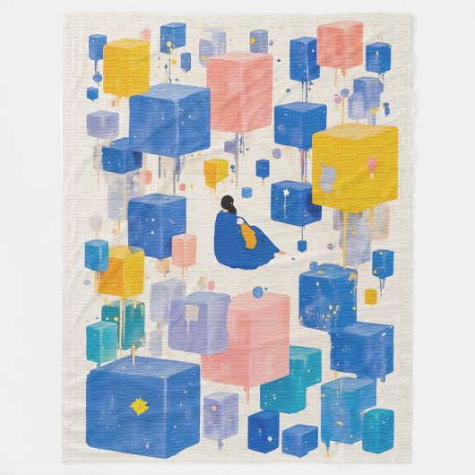Cozy Whimsical Dreamer Floating Cubes Watercolor フリースブランケット (正面)
