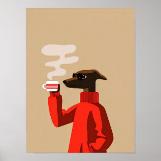 Cozy Whippet Drinking Coffee - Dog Illustration ポスター