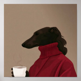 Cozy Whippet Drinking Coffee - Minimalist Dog  ポスター