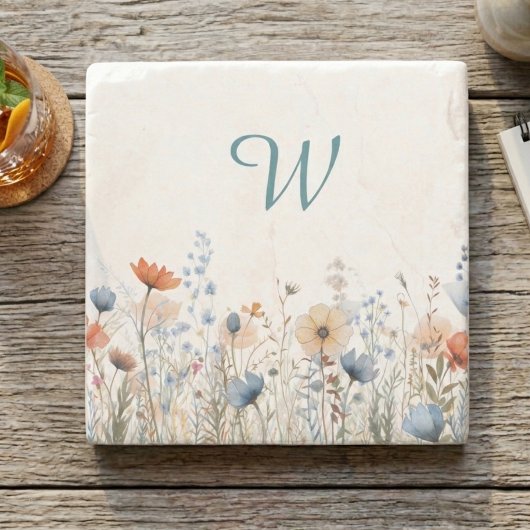 Cozy Wildflower Meadow Monogram – Botanical  ストーンコースター