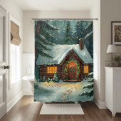 Cozy Winter Cabin in Forest Christmas  シャワーカーテン