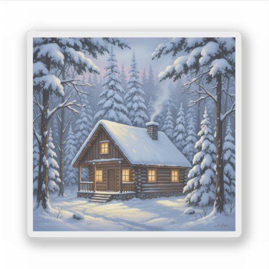 Cozy Winter Cabin in Snowy Forest Holiday  シール (正面)