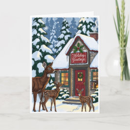 Cozy Winter Cabin with Deer Family  カード