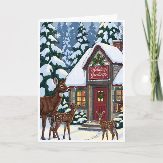 Cozy Winter Cabin with Deer Family  カード (正面)