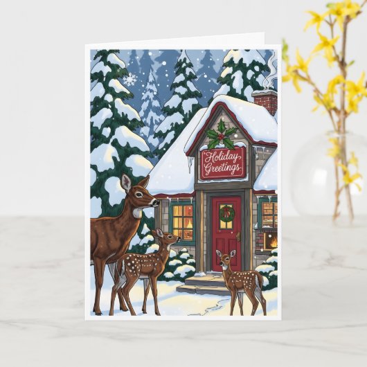 Cozy Winter Cabin with Deer Family  カード (黄色い花)