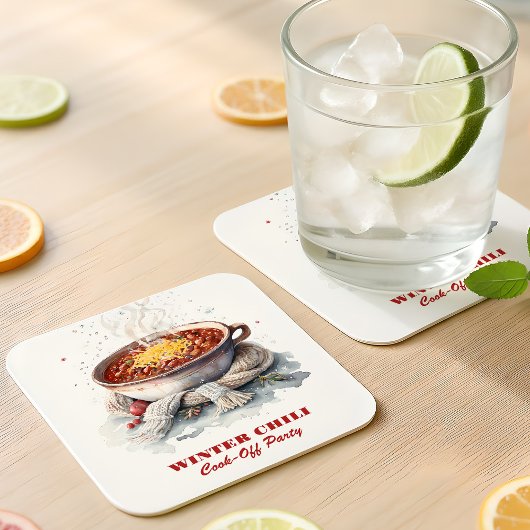 Cozy Winter Chili Cook-Off Party Watercolor スクエアペーパーコースター