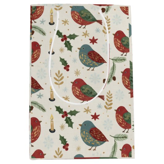 Cozy Winter Holiday Robin Bird and Berries Pattern ミディアムペーパーバッグ (正面)