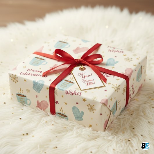 Cozy Winter Mug Mitten Pattern "Happy New Year" ラッピングペーパーシート