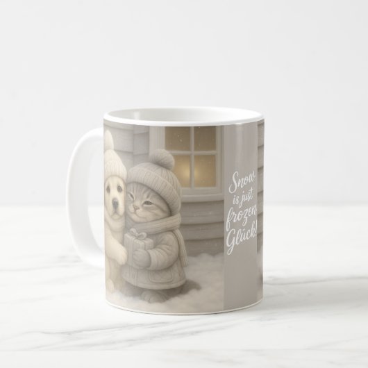 Cozy Winter Mug with Puppy and Kitten Illustration コーヒーマグカップ (正面左)