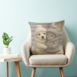 Cozy Winter Pillow with Puppy and Kitten in Hats クッション