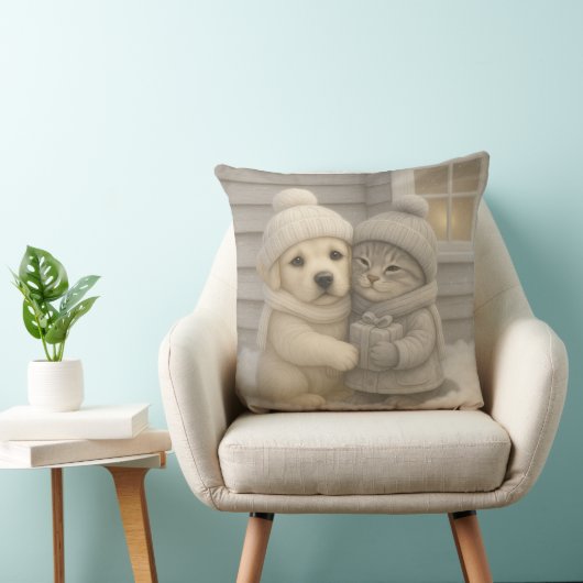 Cozy Winter Pillow with Puppy and Kitten in Hats クッション (椅子)