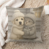 Cozy Winter Pillow with Puppy and Kitten in Hats クッション (ブランケット)