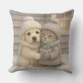 Cozy Winter Pillow with Puppy and Kitten in Hats クッション (正面)