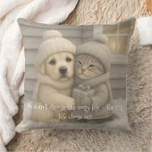 Cozy Winter Pillow with Puppy and Kitten in Hats クッション (ブランケット)