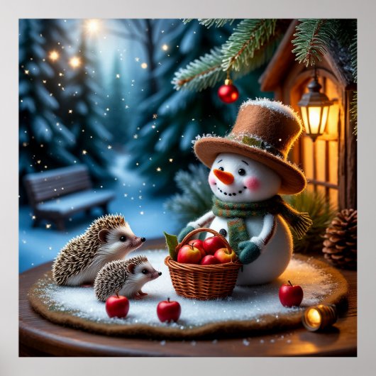 Cozy Winter Scene With Snowman, Hedgehogs ポスター (正面)