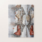 Cozy Winter Village Bridge Watercolor Christmas ジグソーパズル (縦)