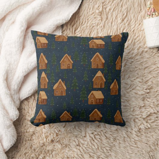 Cozy Winter Village Pattern Throw Pillow クッション (ブランケット)