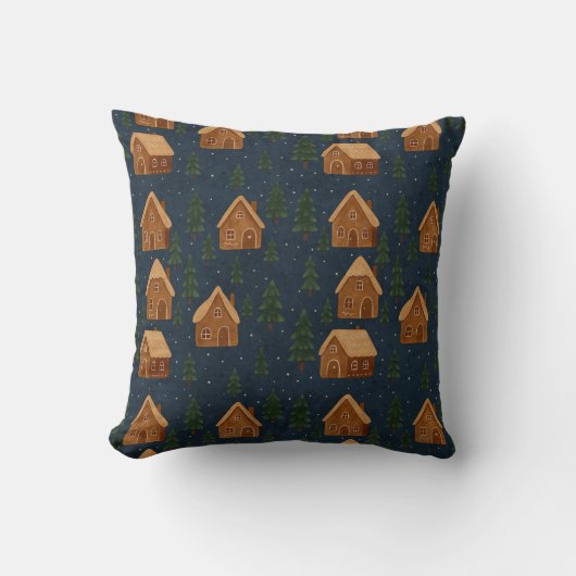 Cozy Winter Village Pattern Throw Pillow クッション (正面)