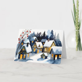 Cozy Winter Village Watercolor Christmas Greeting  カード