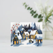Cozy Winter Village Watercolor Christmas Postcard ポストカード (スタンド正面)
