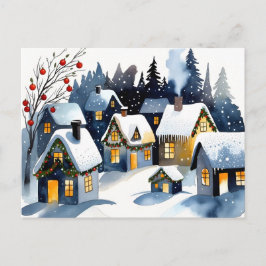 Cozy Winter Village Watercolor Christmas Postcard ポストカード