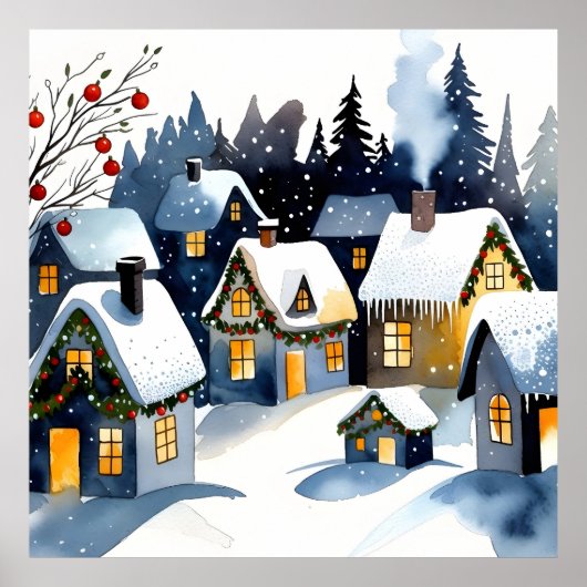 Cozy Winter Village Watercolor Christmas Wall Art  ポスター (正面)
