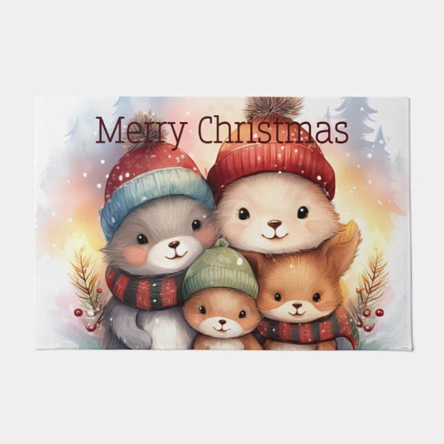 Cozy Woodland Animal Family Merry Christmas ドアマット (正面)
