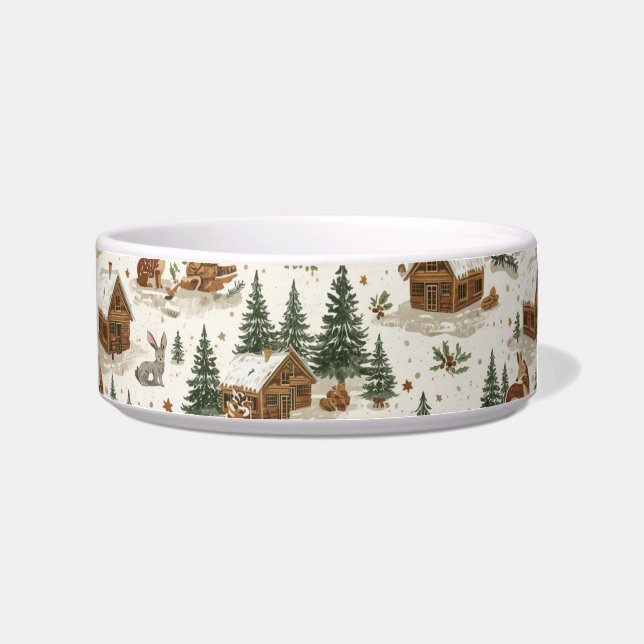 Cozy Woodland Cabin Cat Bowl – Rabbits, Pine Trees ボウル (右)