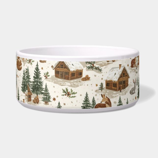 Cozy Woodland Cabin Dog Bowl – Deer, Foxes & Pines ボウル (正面)