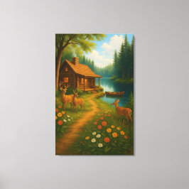 Cozy Woodland Cabin With Deer Stretched Canvas キャンバスプリント