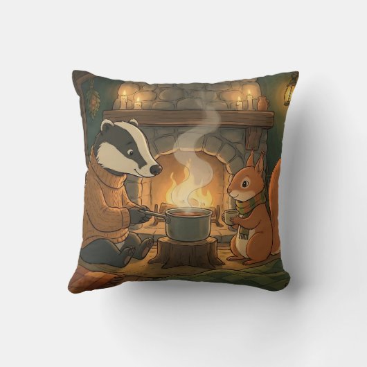 Cozy Woodland Campfire Animals Throw Pillow クッション (裏面)