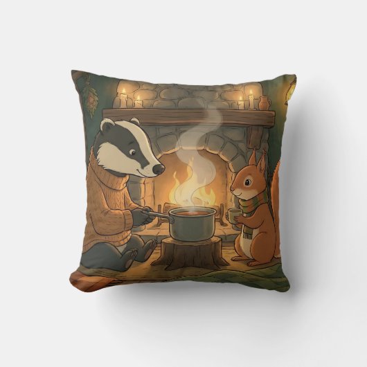 Cozy Woodland Campfire Animals Throw Pillow クッション (正面)