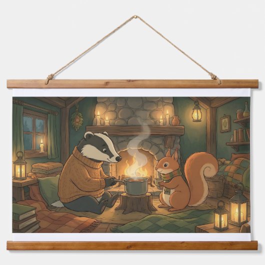 Cozy Woodland Campfire Animals Wall Tapestry 吊り下げ型タペストリー (正面)