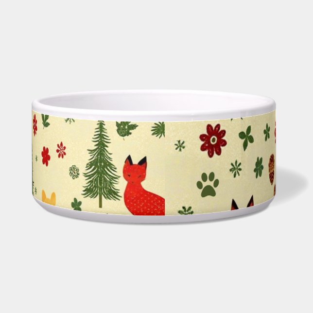Cozy Woodland Christmas Cat Bowl – Rustic Animals ボウル (右)