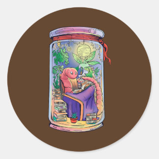 Cozy Worm Reading Books Jar Home Chill  ラウンドシール