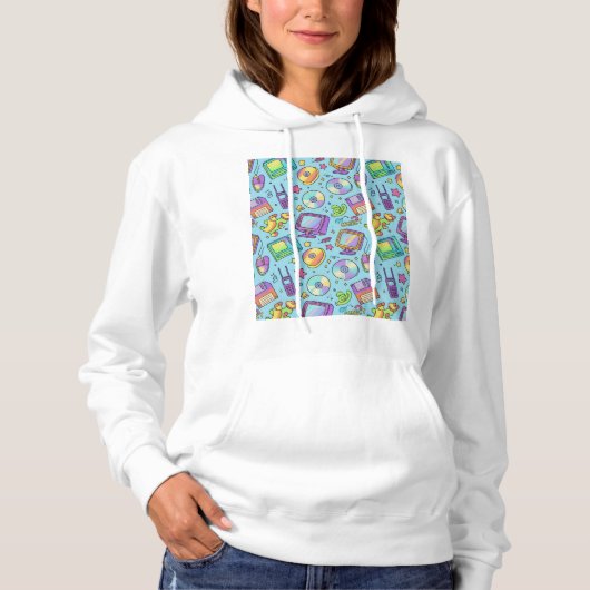 Cozy Y2K Retro Tech Doodle Aesthetic Hoodie パーカ (正面)