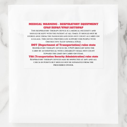 CPAP睡眠時無呼吸警告症の看板棒 長方形シール (バッグ)