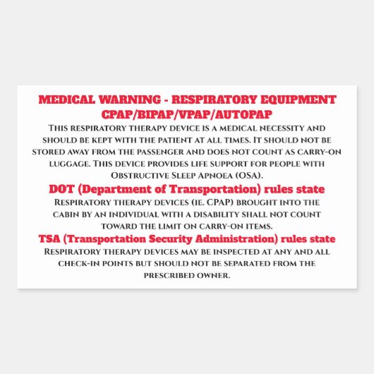 CPAP睡眠時無呼吸警告症の看板棒 長方形シール (正面)