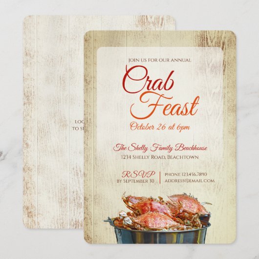 Crab Feast Coastal Seafood Dinner Rustic Beachy 招待状 (正面/裏面)