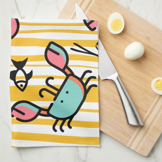 Crab Seafood Fish Pattern  キッチンタオル (四つ折り)