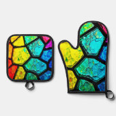 Cracked Rainbow Stained Glass Art 鍋つかみ&鍋敷きセット (正面)
