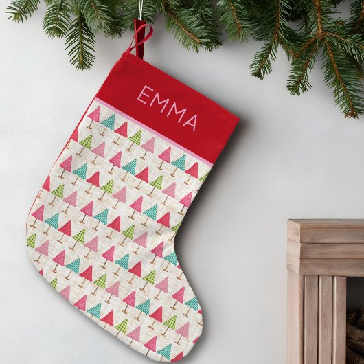 Crafted Christmas Trees Fabric – Pink Red Linen スモールクリスマスストッキング